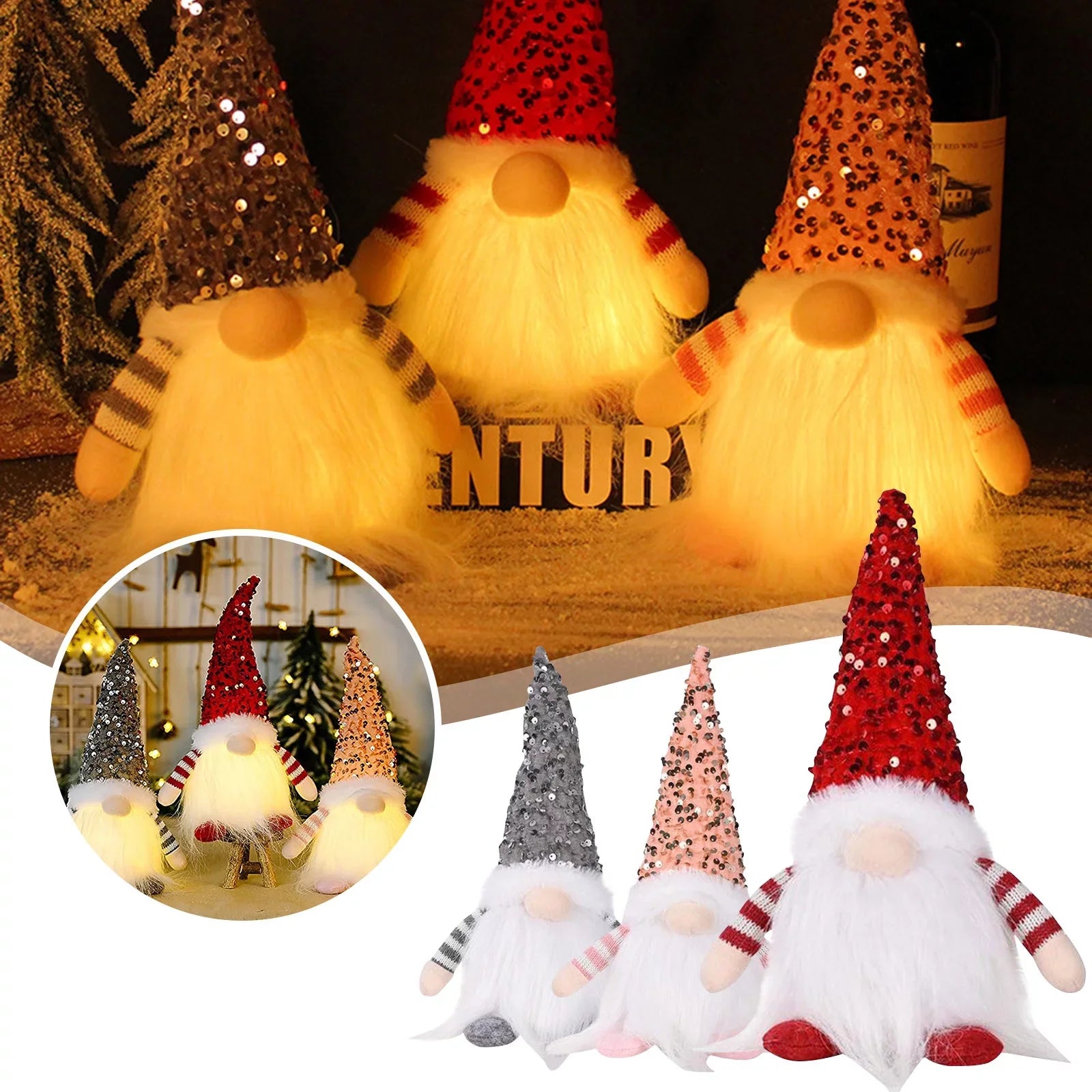 Rudolph Sequin Christmas Gnomes with LED Lights — Set of 3