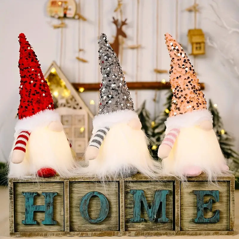 Rudolph Sequin Christmas Gnomes with LED Lights — Set of 3