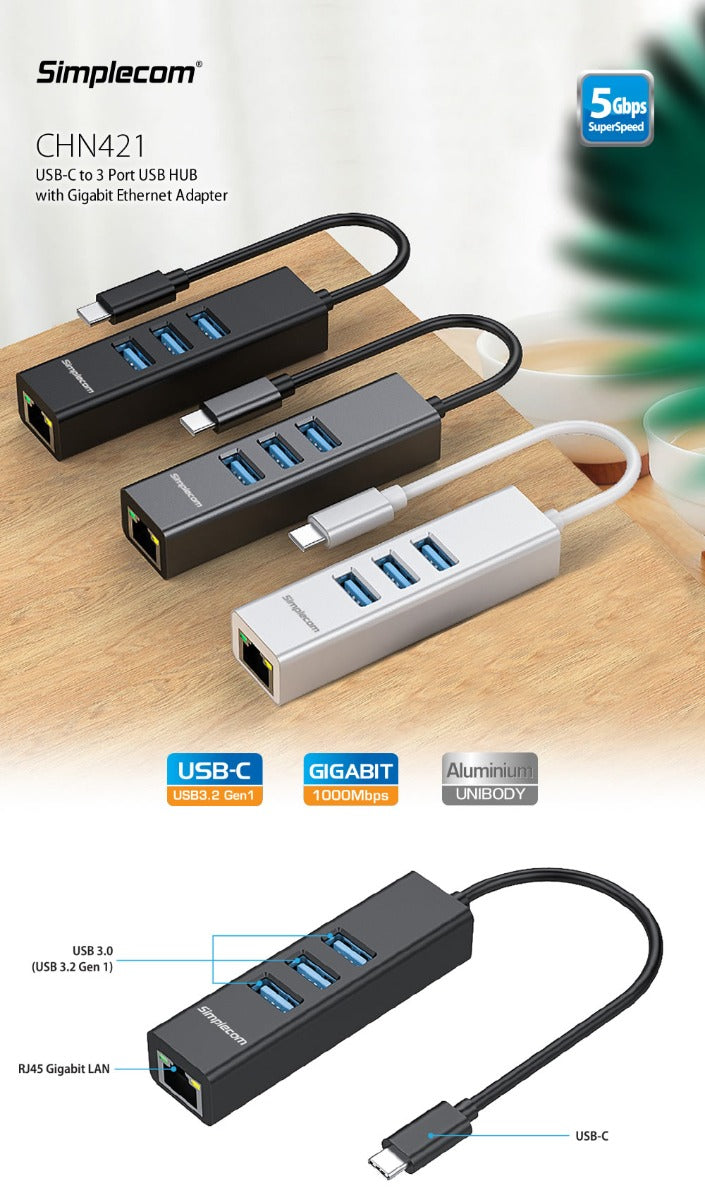 USB-C to 3-Port USB Hub with Gigabit Ethernet Adapter